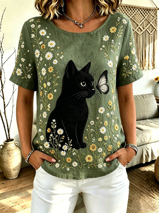 Women's Fun Cat-Print Crew-Neck Top