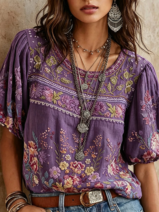Vintage Classy Gradient Purple Floral Art Linen Blend Loose Short Sleeve Shirt