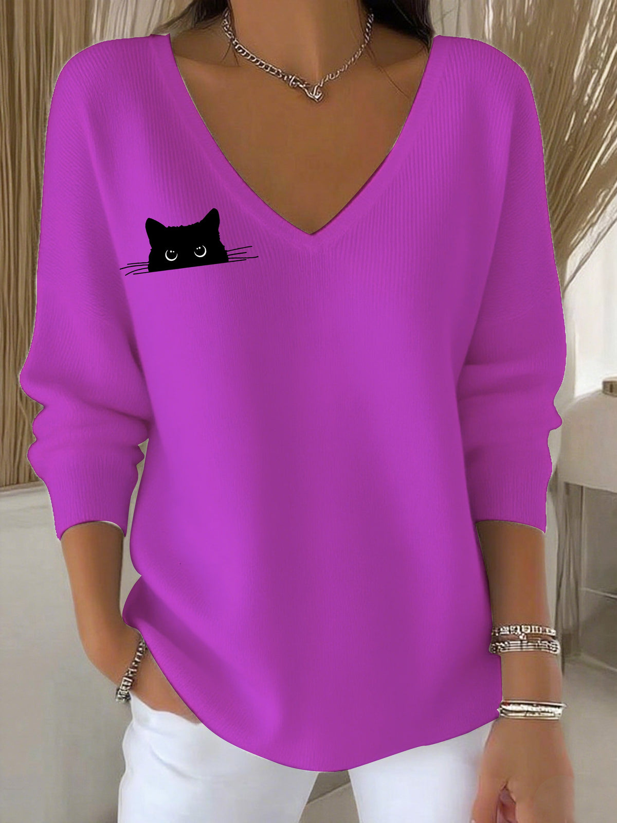 Women's Autumn Cute Black Cat Print Casual Top