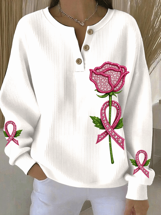Women's Breast Cancer Awareness Print Casual Three-Button Henley Neck Sweatshirt