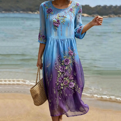 Women's Purple Rose Floral Gradient Pattern Mid-sleeve Casual Dress