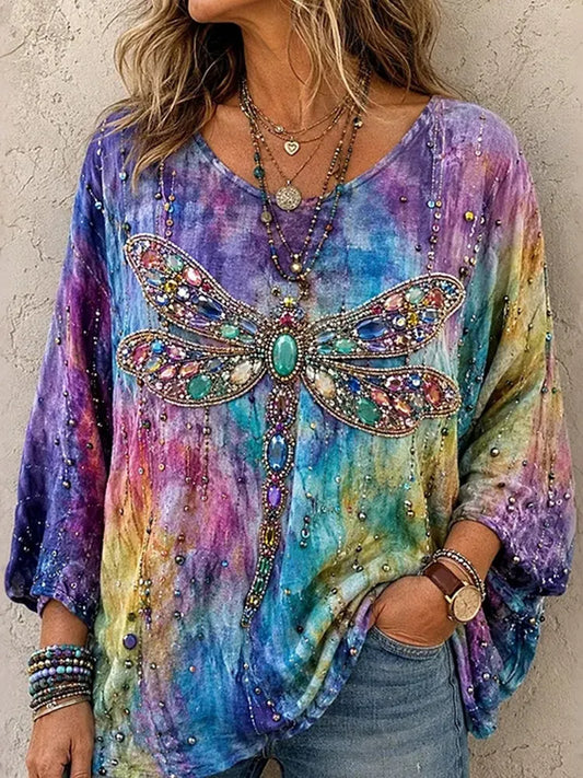 Women's Vintage Diamond Dragonfly Tie Dye Print Linen T-shirt