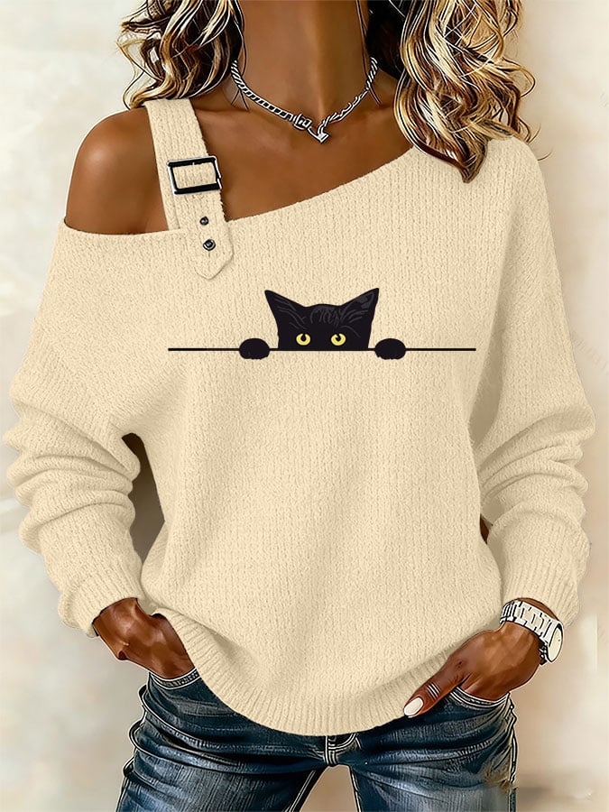 Women's Cute Cat Print Off-Shoulder Knit Top