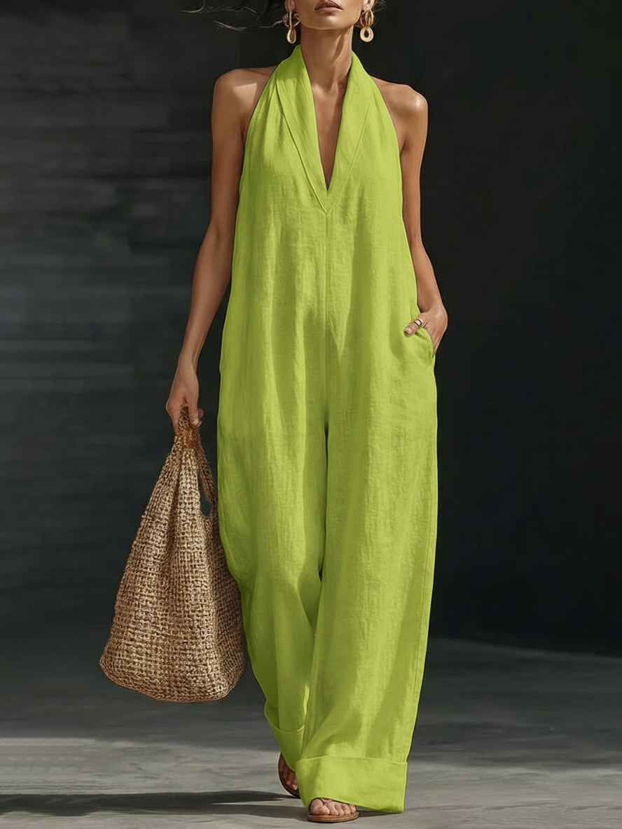🌿 Linen Cotton Halter Jumpsuit