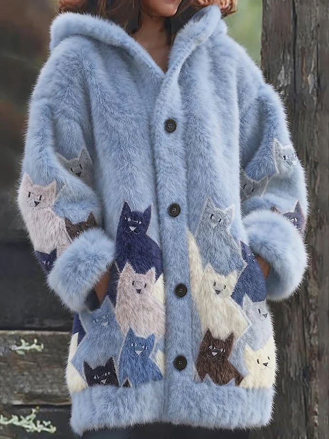 Women's Animal  Fun Cat Print Flannel Warm Jacket