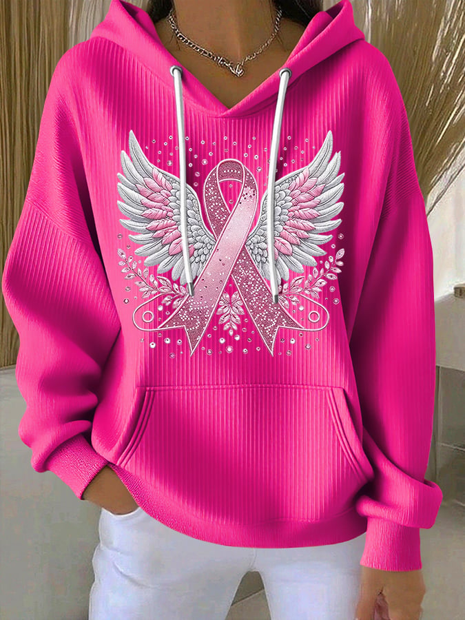 Women's Casual Pink Contrast Ribbon Wings Ribbon Hoodie