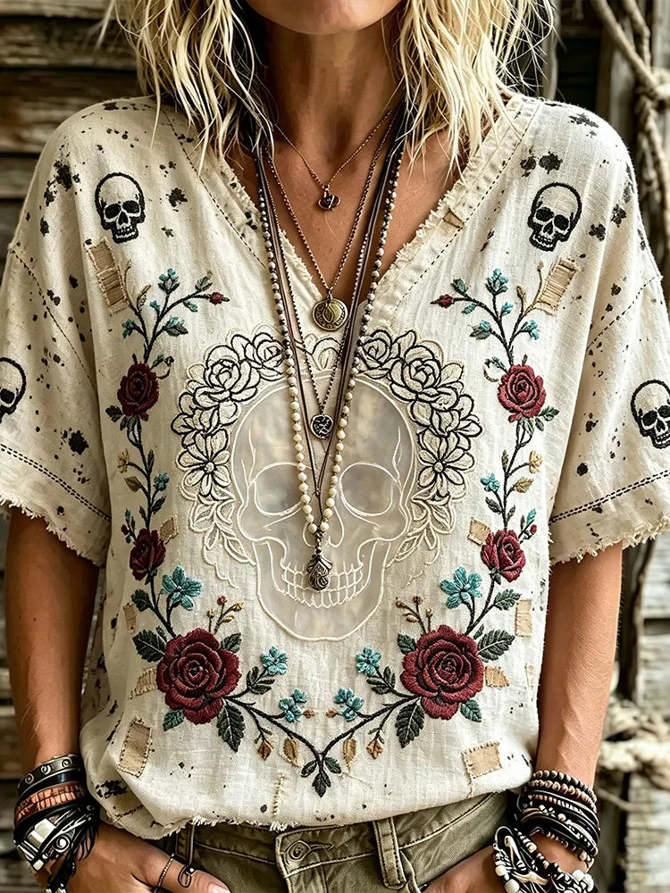 Women's Off White Boho Skull Rose Embroidery V Neck T-shirt