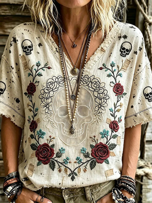 Women's Off White Boho Skull Rose Embroidery V Neck T-shirt