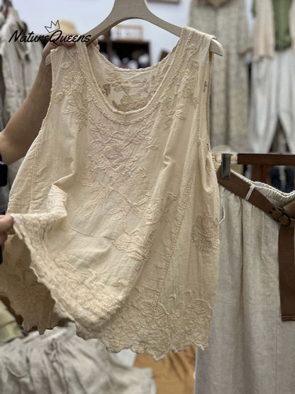 Women's  Vintage Lace Sleeveless Cotton and Linen Vest Top