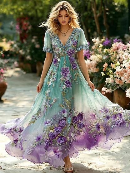 Women's Retro Bohemian Floral Embroidery Pattern Casual V Neck Dress