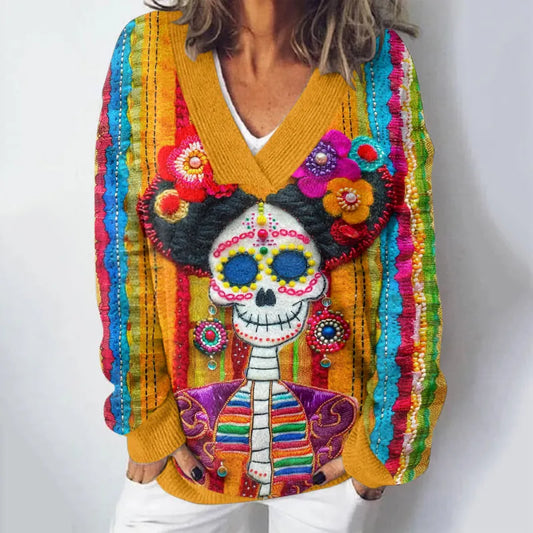 Women's Mexican Sugar Skeleton Catrina Day Of The Dead Inspired Printed Light Sweater