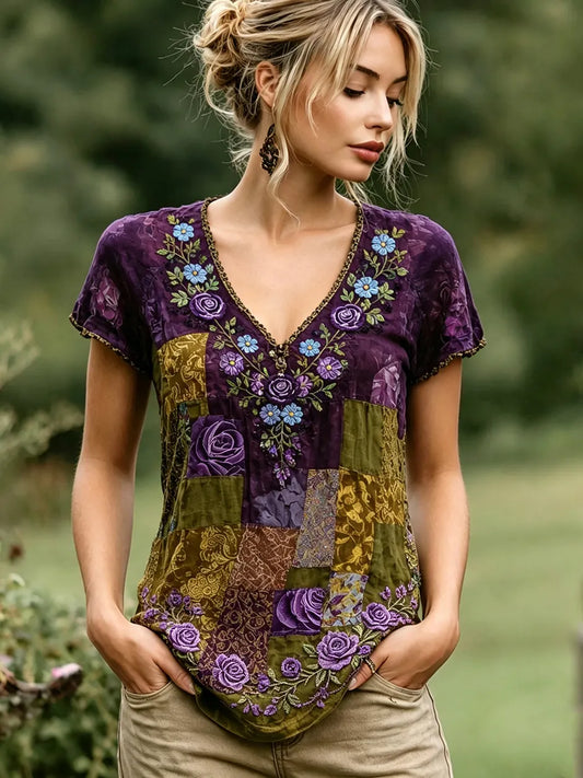 Women's Vintage Rose And Forget-me-not Floral Pattern Casual Cotton Linen V-neck T-shirt