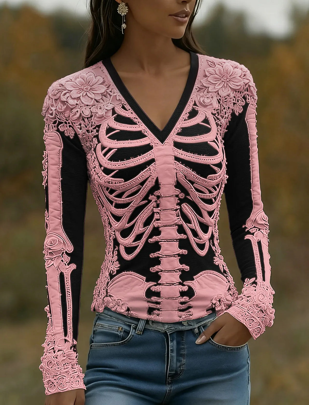 Women's Halloween Skeleton Bones With Roses Art Casual Long Sleeve V Neck T-shirt