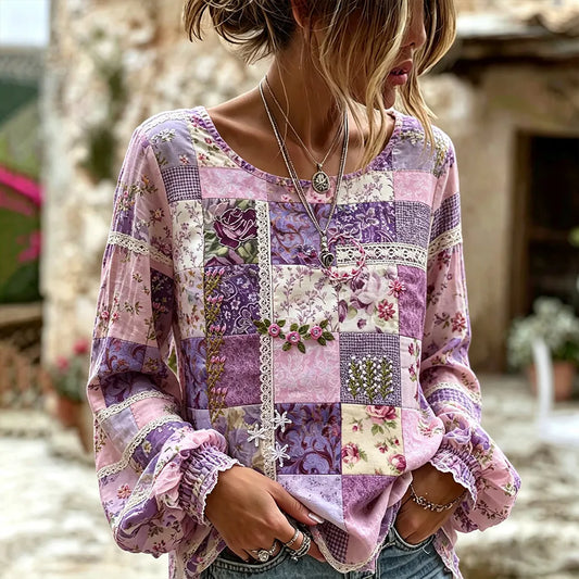 Women's Vintage Purple Floral And Lace Patchwork Cotton Linen Casual Crew Neck Long Sleeve Top