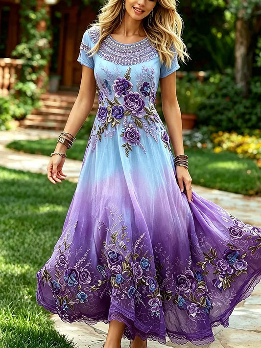 Women's Purple Rose Gradient Color Print Alzheimer's Awareness Round Neck Dress