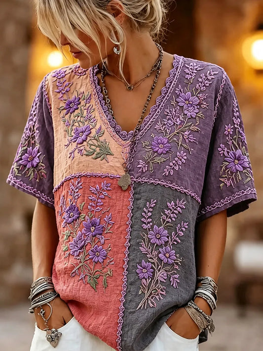 Women's Retro Purple Floral Patchwork Pattern Casual T-shirt