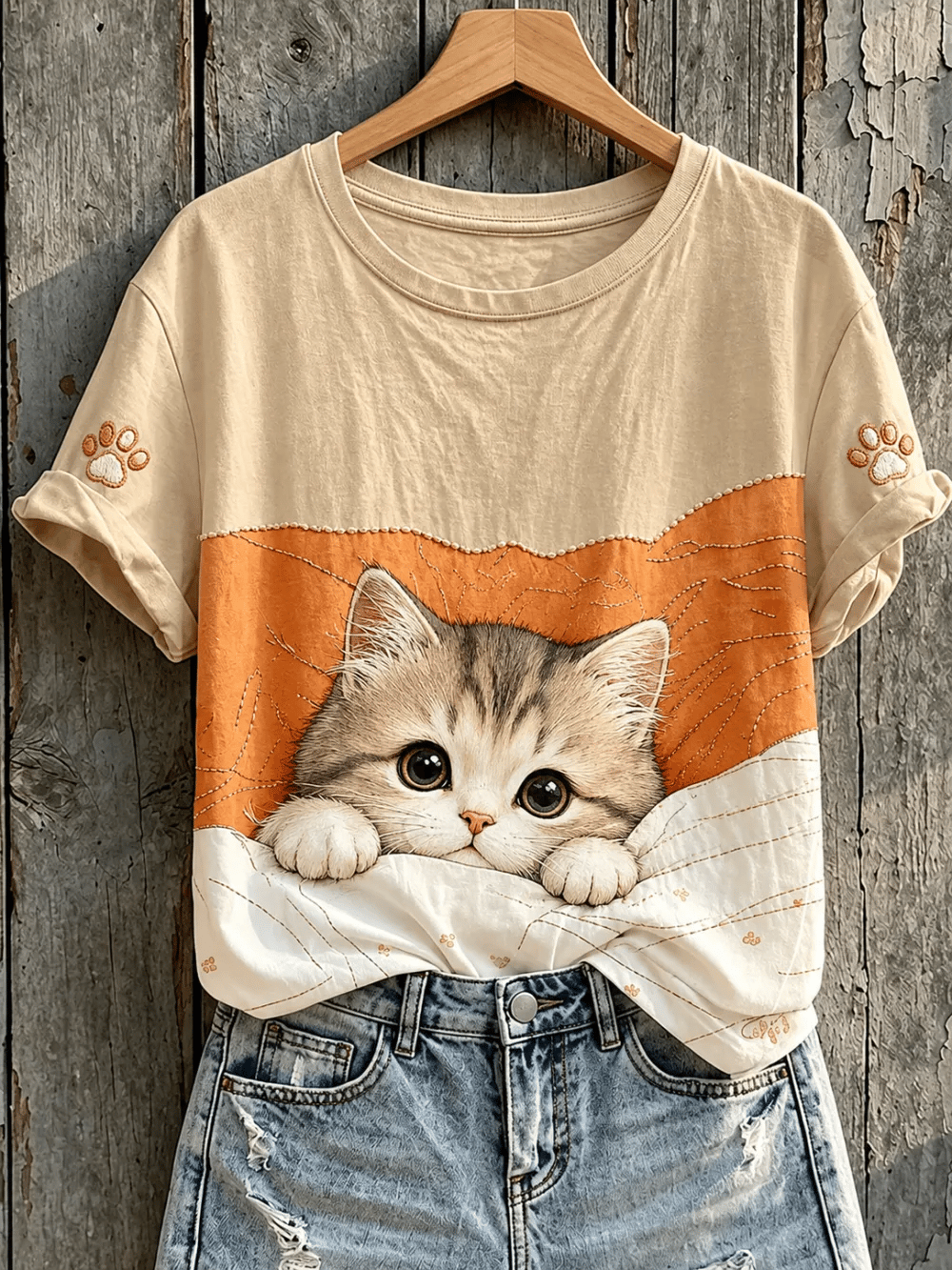 Women's round neck cat print top