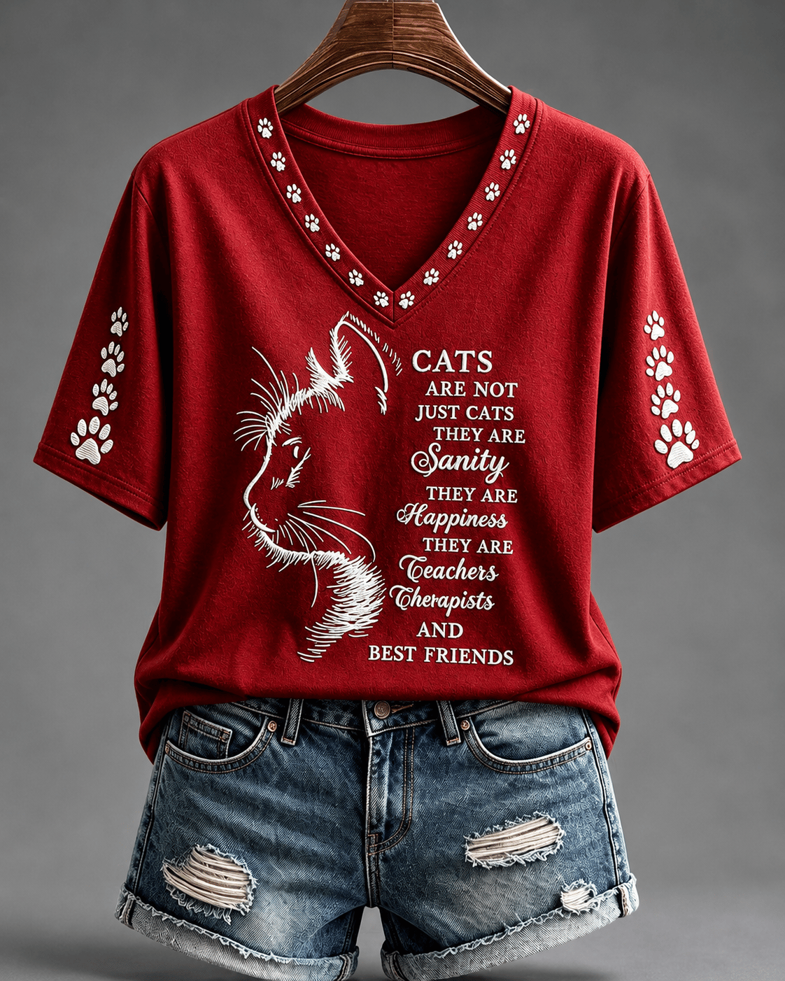Women's Cat Print V-Neck Top