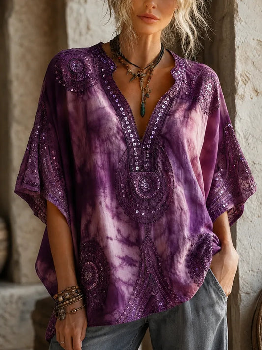 Women's Boho V-neck Tie-dye Sequin Embellished Tunic