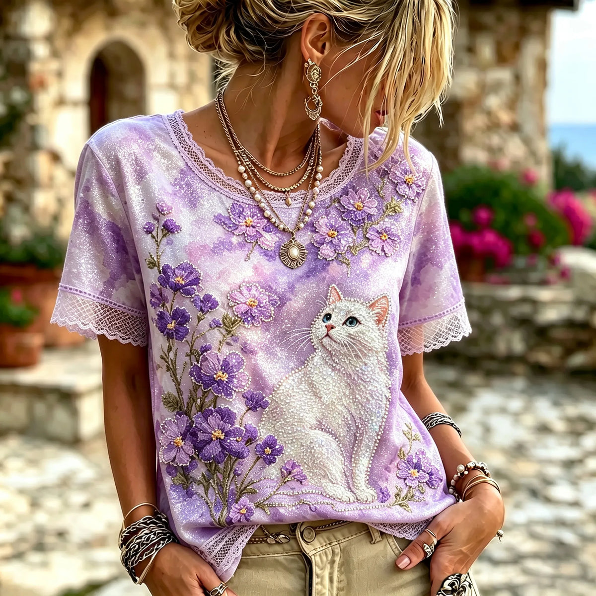 Women's Vintage Cute Cat And Flower Art Pattern Crew Neck Short Sleeve T-shirt