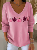 Women's Casual Pink Maple Leaf Pumpkin Striped Autumn And Winter Bottoming Shirt