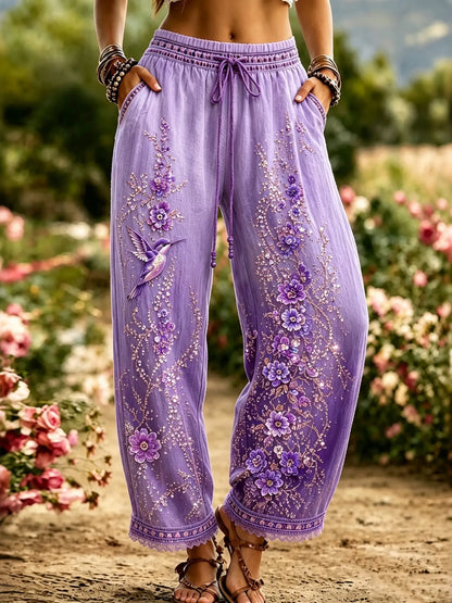 Women's Purple Floral & Hummingbird Print Alzheimer's Awareness Casual Pants