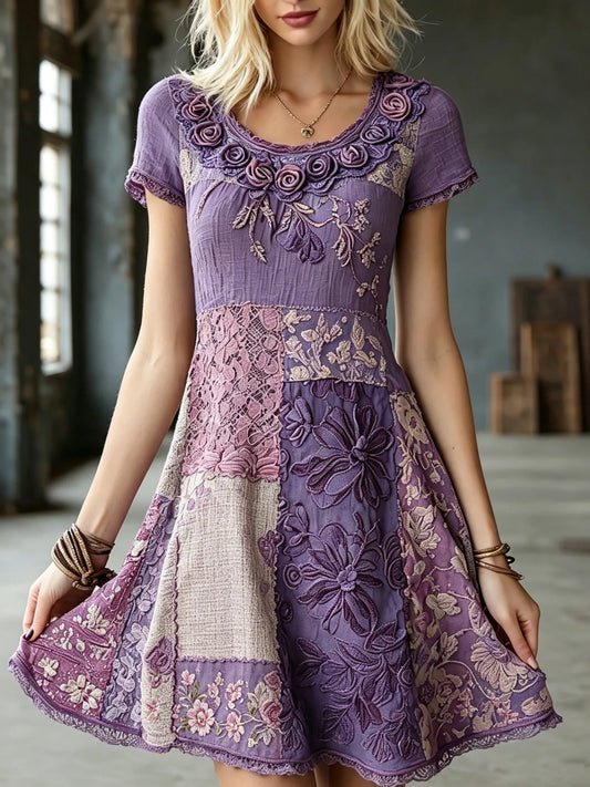 Women's Vintage Floral Embroidery Patchwork Art Round Neck Dress