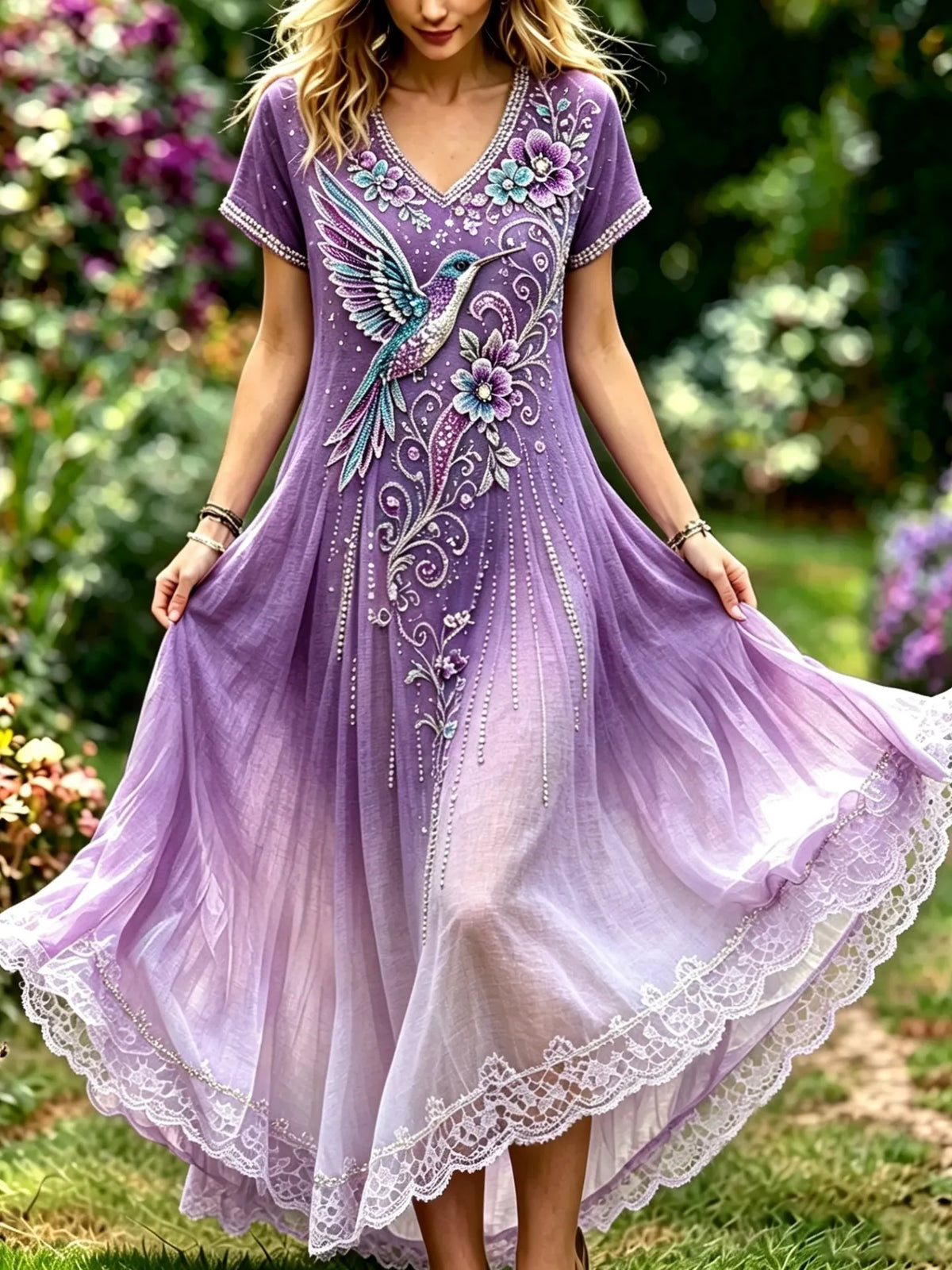 Women's Purple Floral & Hummingbird Print Alzheimer's Awareness Casual Dress