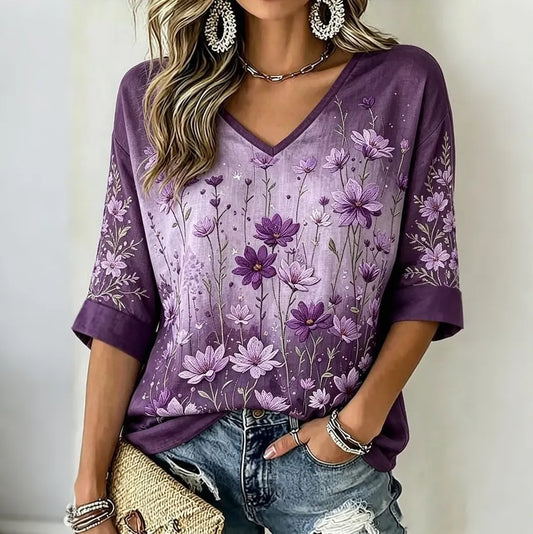 Women's Retro Floral Pattern Linen Blend Casual V-neck Three-quarter Sleeve T-shirt