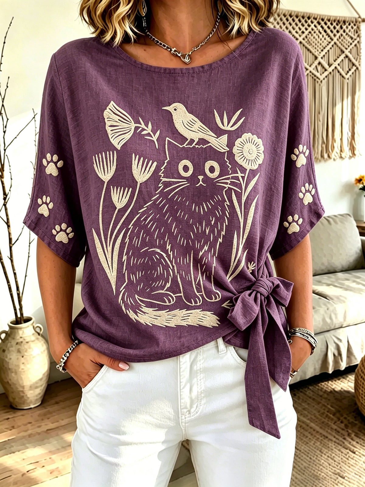 Women's Cat-Print Crew-Neck Tie-Front Top