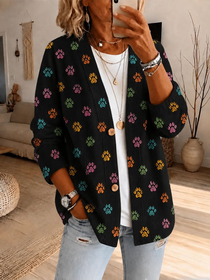 Women's Cute Colorful Cat Paws Print Cardigan