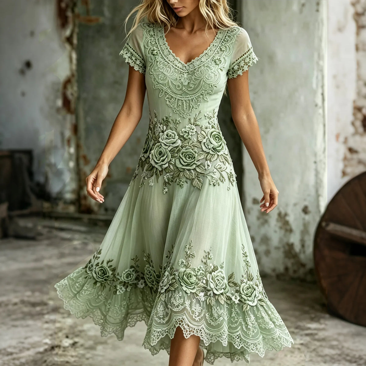 Women's Retro Purple Rose Embroidery Art V Neck Short Sleeve Midi Dress