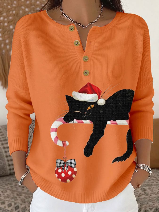 Women's Christmas Cute Cat Print Knit Button Top