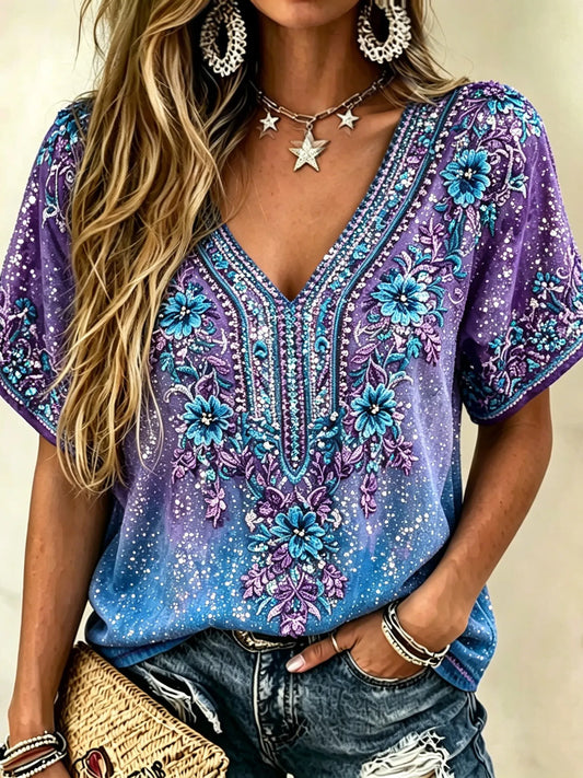 Women's Retro Bohemian Floral Sequin Print Top