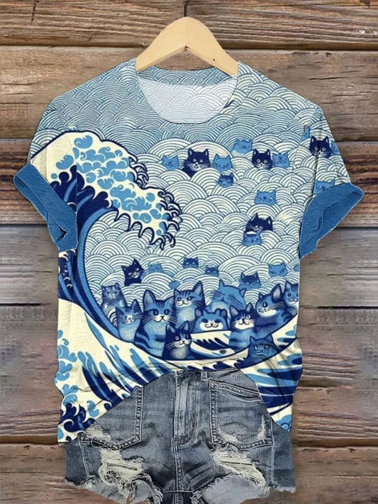 Women's Blue Waves&Cats Print T-Shirt