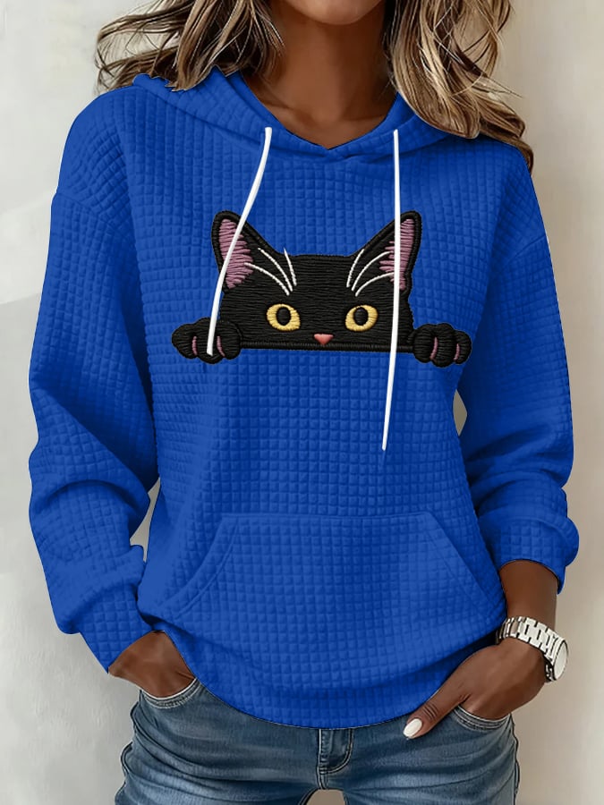 Women's Cat Print Waffle Fabric Hoodie