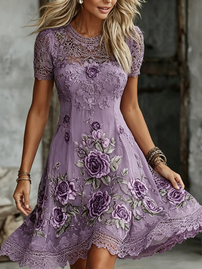 Women's Retro Rose Embroidery Art Round Neck Short Sleeve Mini Dress
