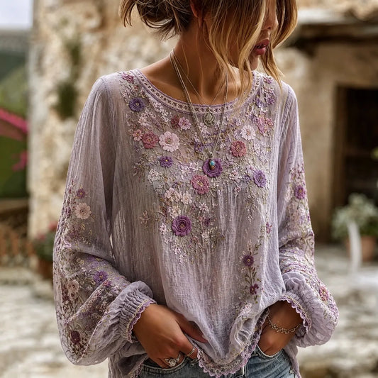 Women's Retro Boho Floral Art Cotton Linen Crew Neck Casual T-shirt