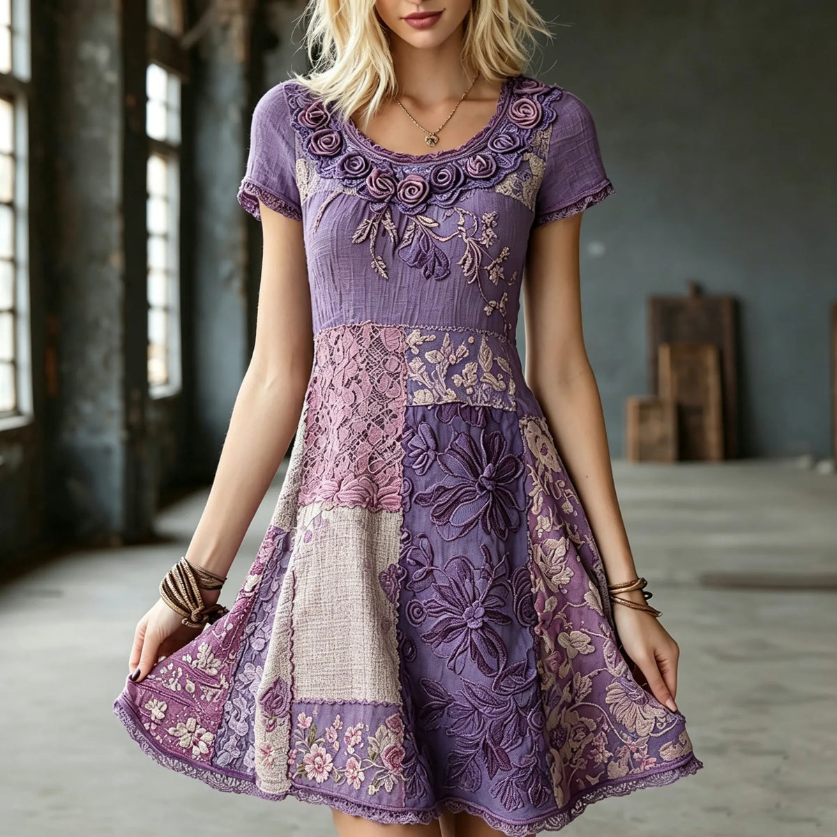 Women's Vintage Floral Embroidery Patchwork Art Round Neck Dress