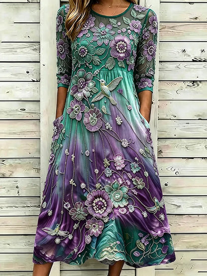 Women's Vintage Classy Purple Floral & Hummingbird Print Alzheimer's Awareness Casual  Midi Dress