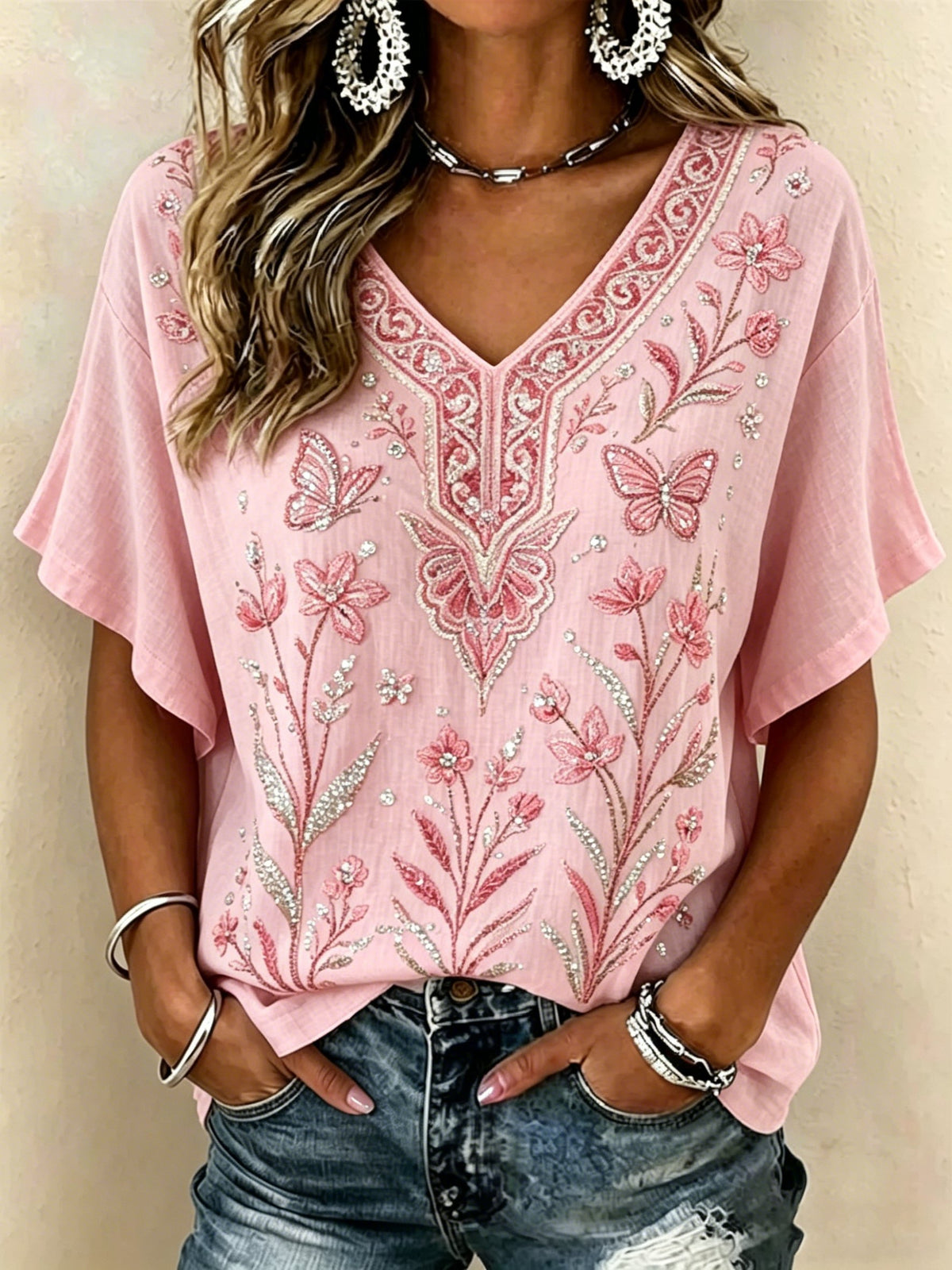 Women's Pink Floral Printed Casual T-Shirt