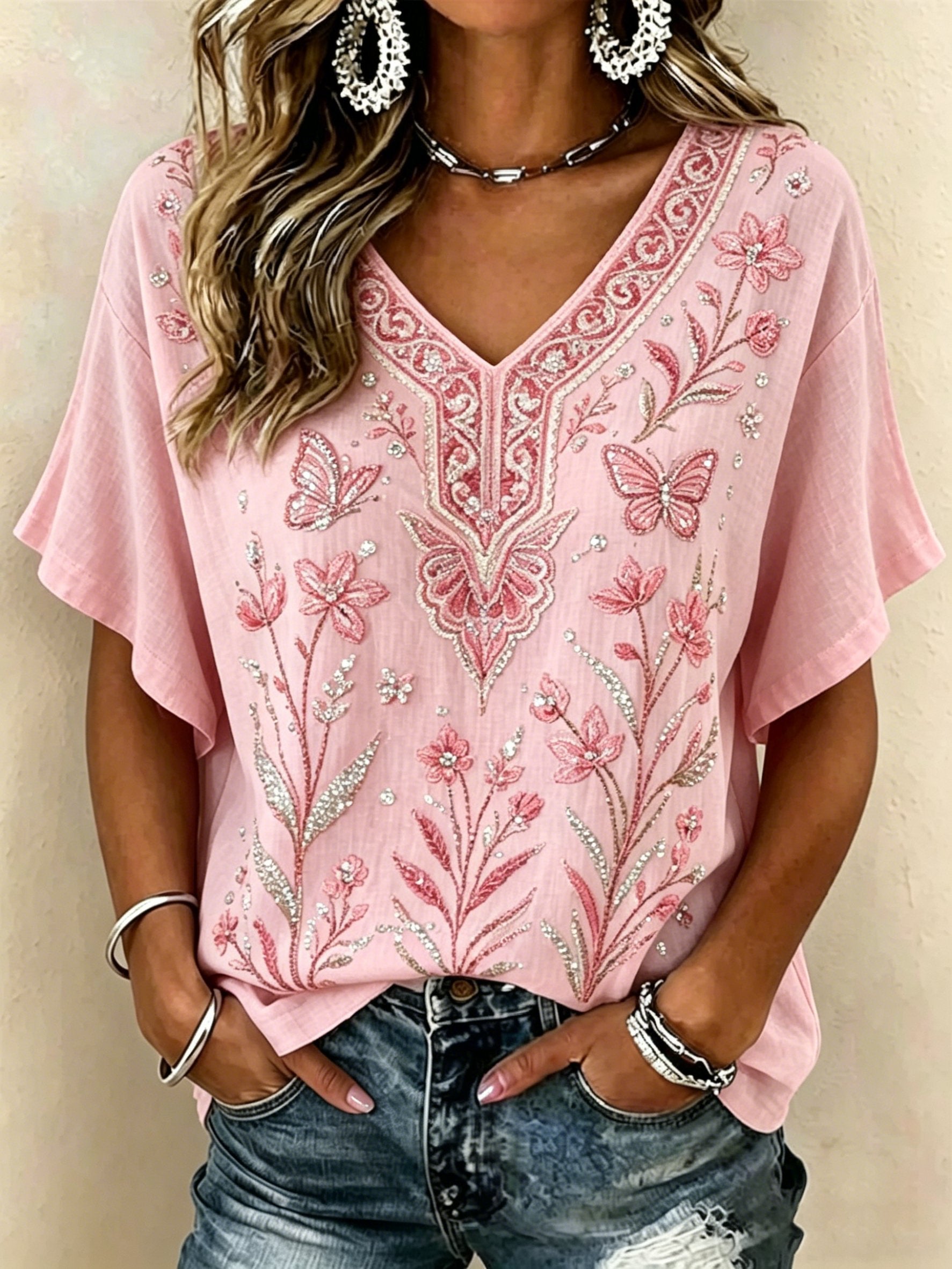 Women's Pink Floral Printed Casual T-Shirt