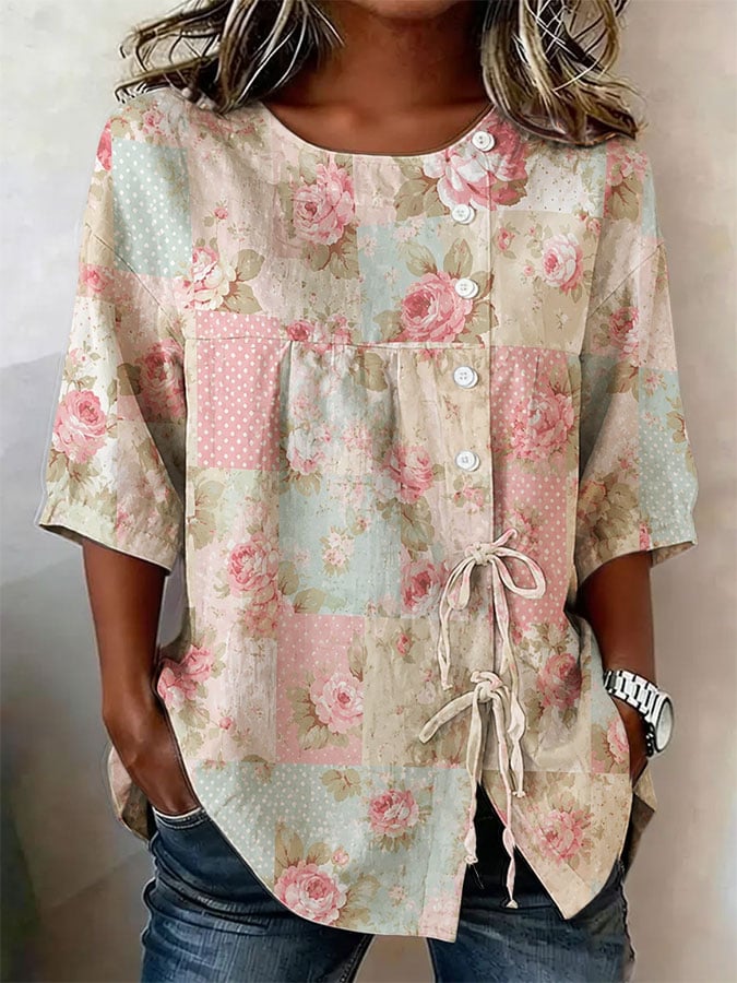 Women's Vintage Pink Floral Lace-Up Shirt with Button Design
