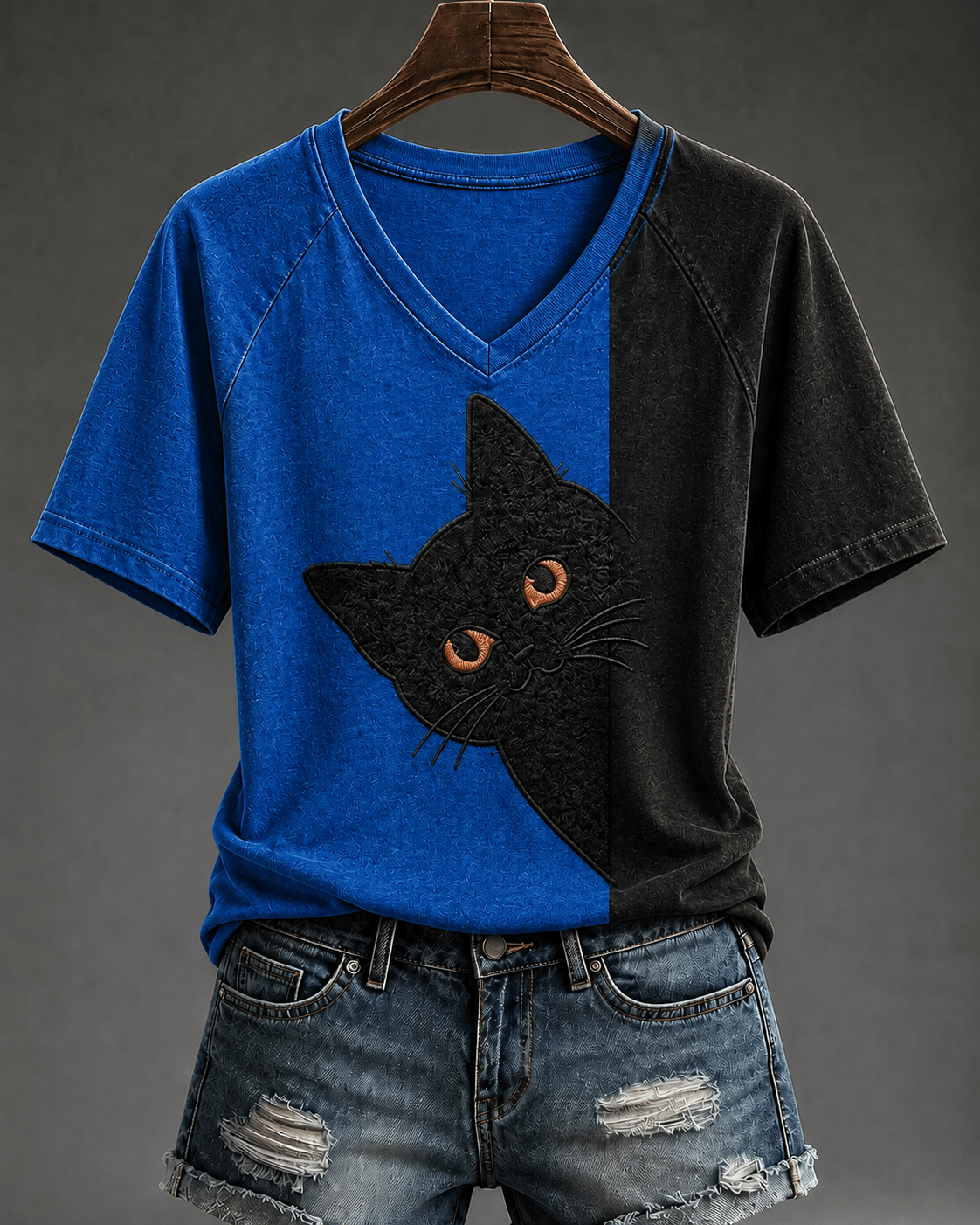 Women's Retro Black Cat Print V-Neck Top