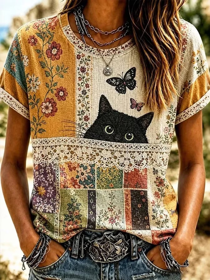 Women'S Animal Cat Floral Print T-Shirt