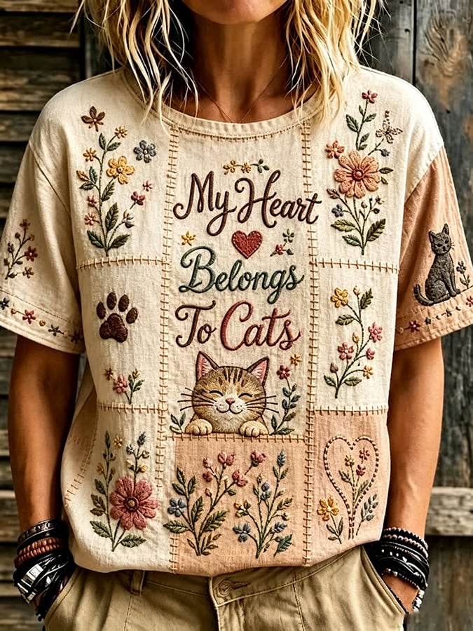 Women'S Animal Cat Floral Print T-Shirt