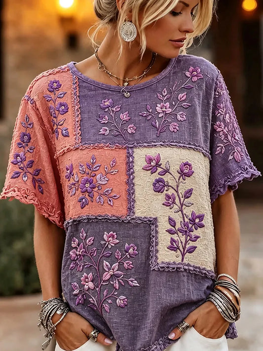 Women's Retro Purple Floral Patchwork Pattern Casual T-shirt