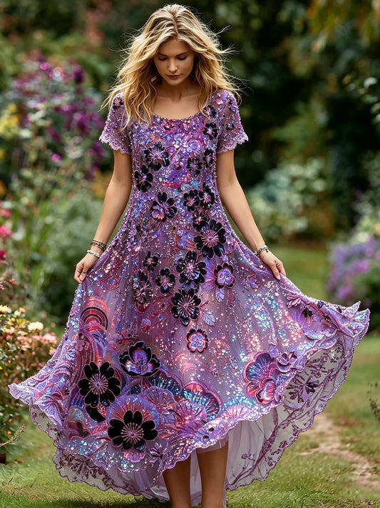 Women's Vintage Bohemian Floral Sequin Embroidered Print Dress