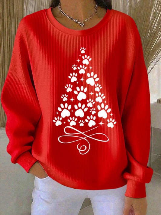 Women's Christmas Cat Print Knit Crew Neck Long Sleeve Top
