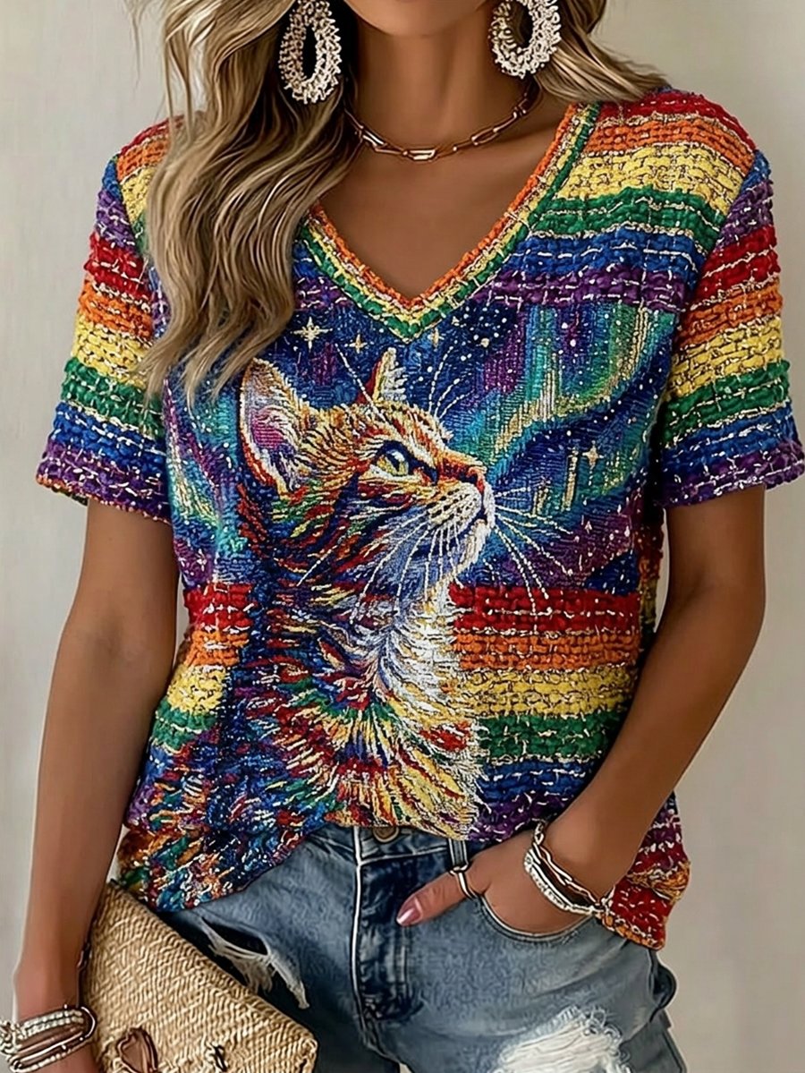 Women's Rainbow Cat Print V-Neck T-shirt